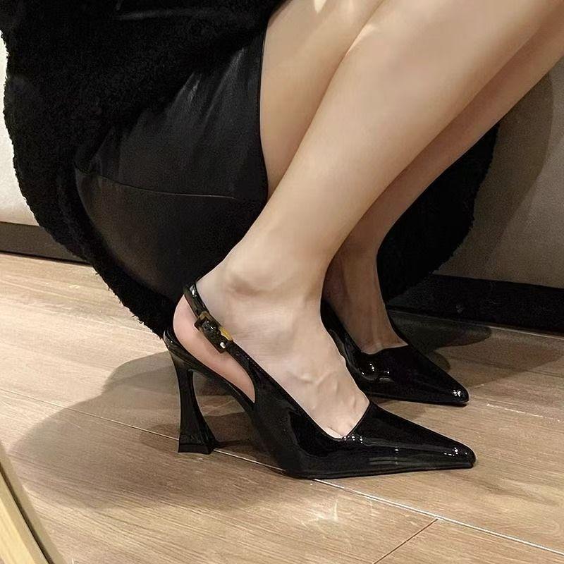 Black Patent Leather Pointed Single Shoes High Heels Women's Sexy Temperament Outer Wear Bag Head Sandals Women's Spring 2025 New Models
