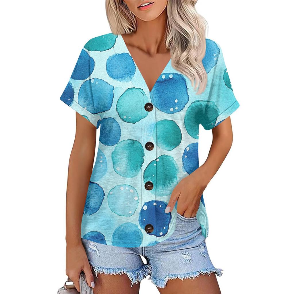 Женская мода с короткими рукавами и V-образным вырезом, повседневная футболка с пуговицами