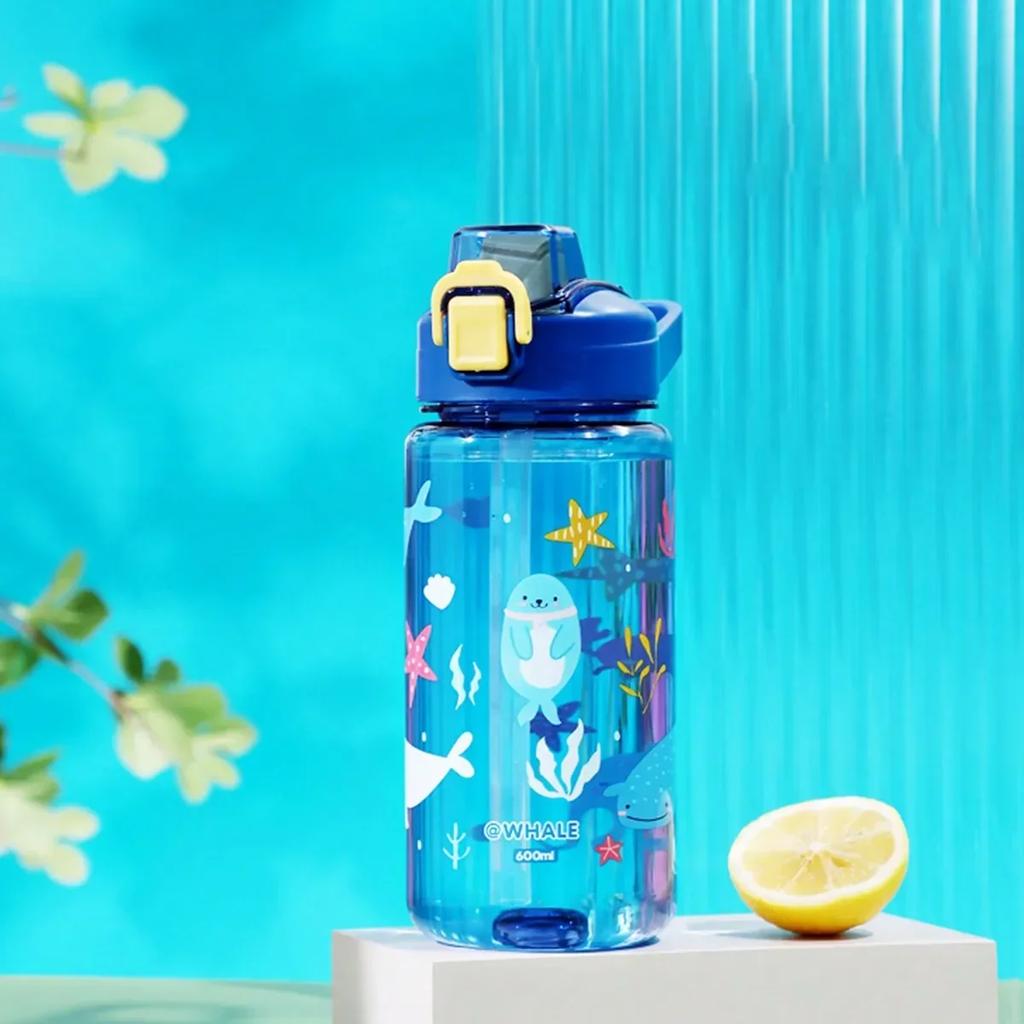 600 мл Детская бутылка для воды с изображением животных из мультфильма с соломинкой Портативная студенческая бутылка для воды с защитой от падения для малышей Чайник для напитков