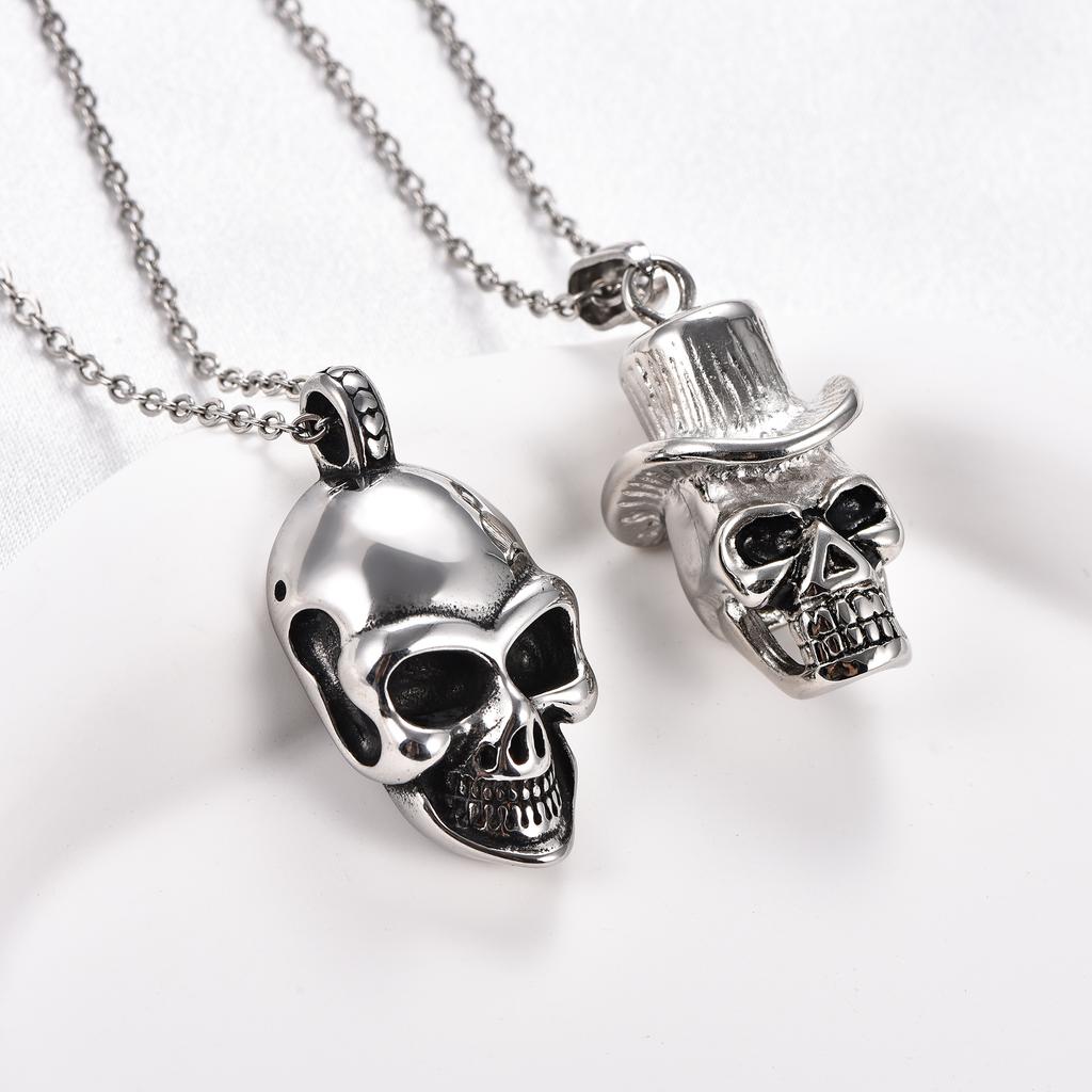 Gothic Stainless Steel Skull Pendant Necklace for Men Punk Rock Hip Hop Boy Skeleton Charms Chain Metal Jewelry Halloween Gifts