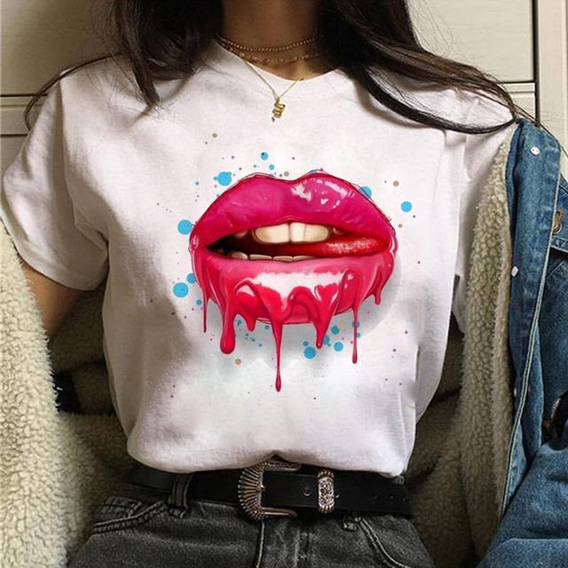 New Fashion Women Tshirt Watercolor Lips Printed Tops Tee Casual Short Sleeve Female Tee Shirts Harajuku Graphic T-Shirts Femme