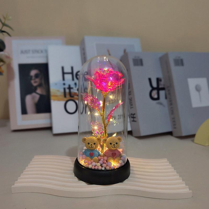 Eternal Flower Glass Lamp Plastic Cover Night Light Rose Simulation Flower With Bear Valentine Day Gift For Girlfriend
