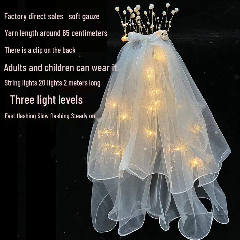 Светящаяся фата-корона с кисточками, жемчугом и бантом из ленты Головной убор