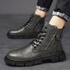 МодаЗимние Высокие ботинки Модные ботинки Кожаные Ботильоны Двойная боковая молния Нескользящая обувь Мужские Ботинки на платформе Zapatos De Hombre
