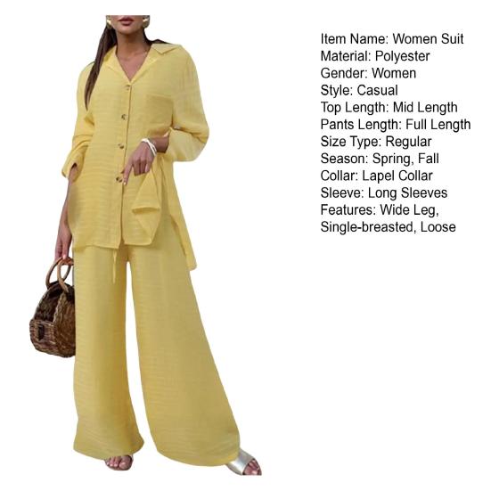 Женский комплект из 2 шт./компл., рубашка, брюки, однотонный, с отложным воротником, с длинным рукавом, средней длины, с широкими штанинами, с эластичной резинкой на талии, свободные брюки, одежда для поездок на работу, блузка
