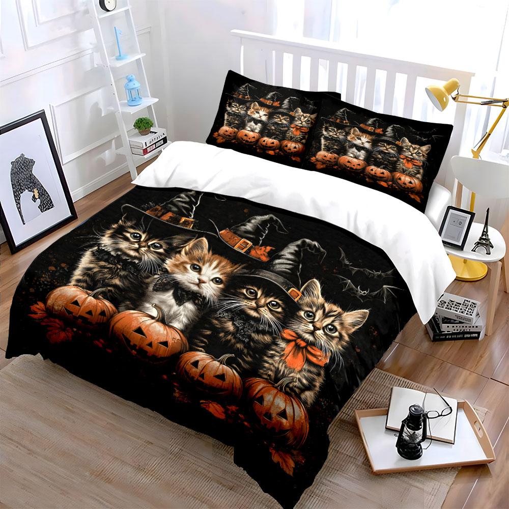 Halloween Cats Pumpkin Decoration Set Bedding Set with 1 Duvet Cover 2 Pillowcases Single Double King Queen, Gift