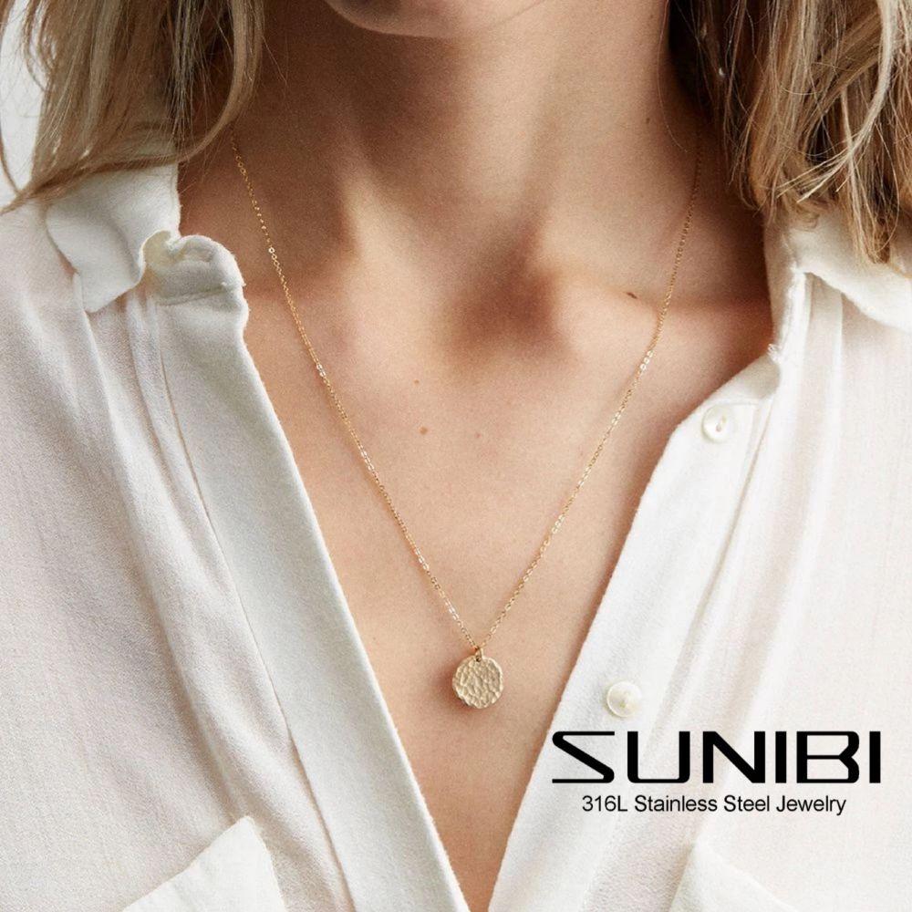 SUNIBI Minimalist Stainless Steel Pendant Necklace for Women Girls Gold Color Hammered Disc Dainty Necklaces Jewelry