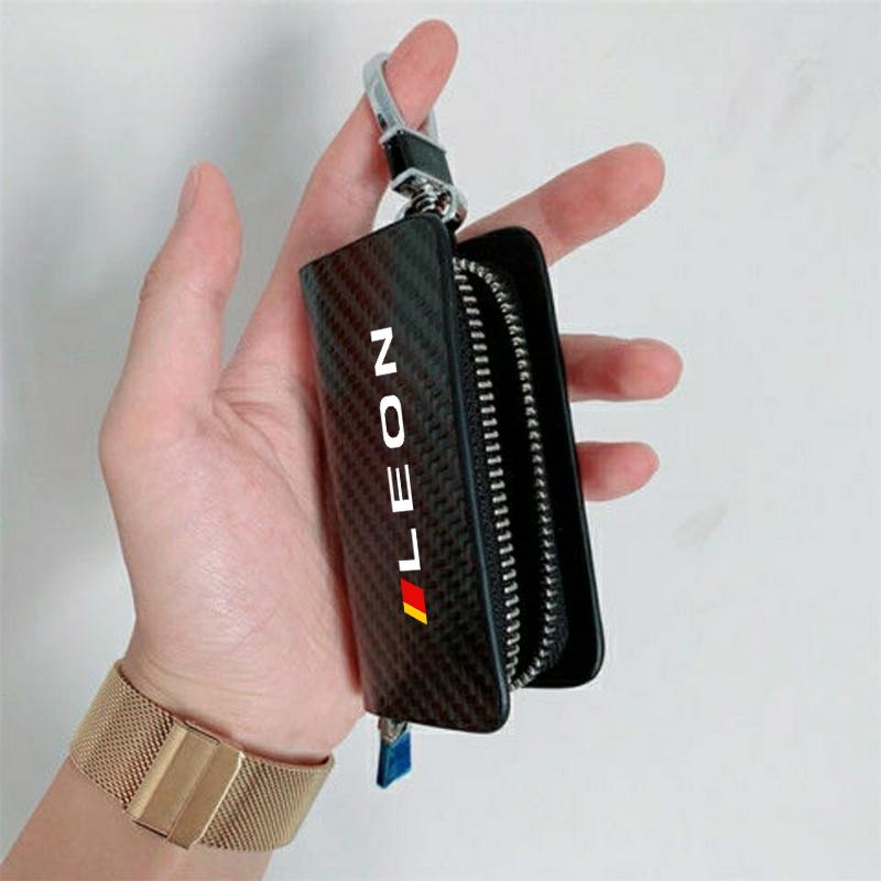 Carbon Fiber Car Key Chain Holder Case Cover Bag For Seat LEON Logo Auto Accessories