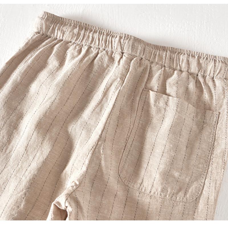 Летние хлопковые льняные мужские брюки, узкие брюки с эластичной талией и завязками на шнурке, повседневные дышащие модные полосатые мужские брюки