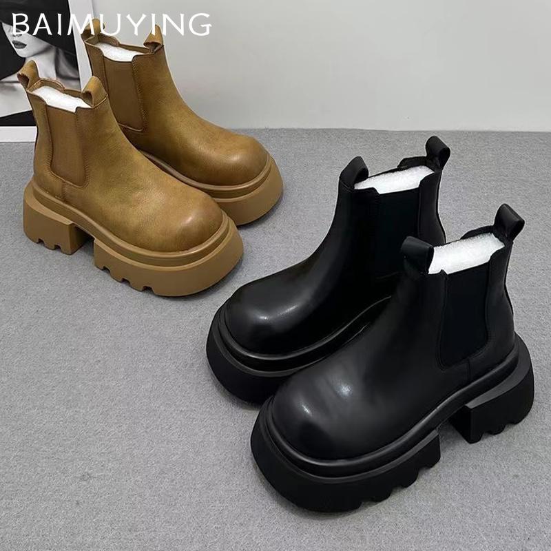 Кожаные женские зимние ботильоны на платформе и среднем каблуке, дизайнерские массивные мотоциклетные ботинки 2024 года, трендовая зимняя мода, Botas Mujer