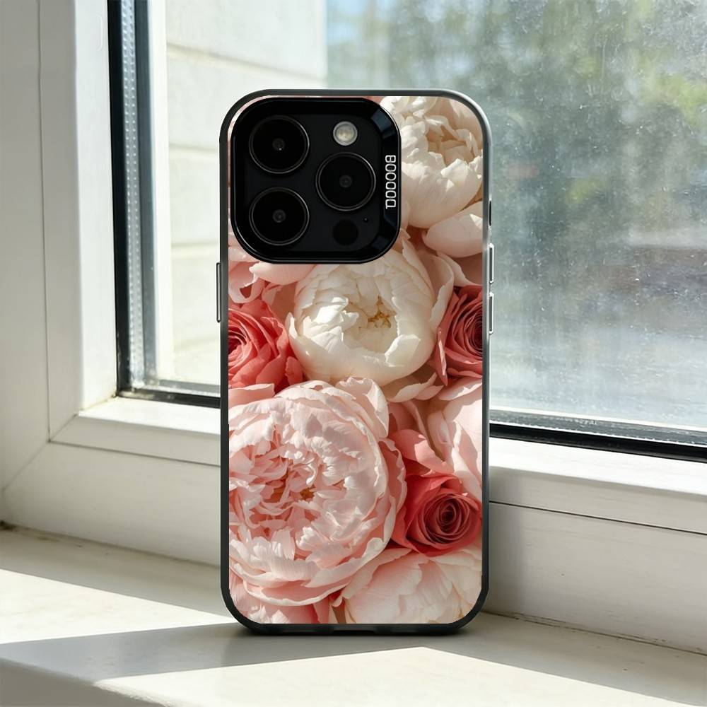 Elegant Peony F-Flower Phone Case For iPhone 17,16,15,14,13,12,11 Plus,Pro Max,XS,Colorful Silver Black Cover