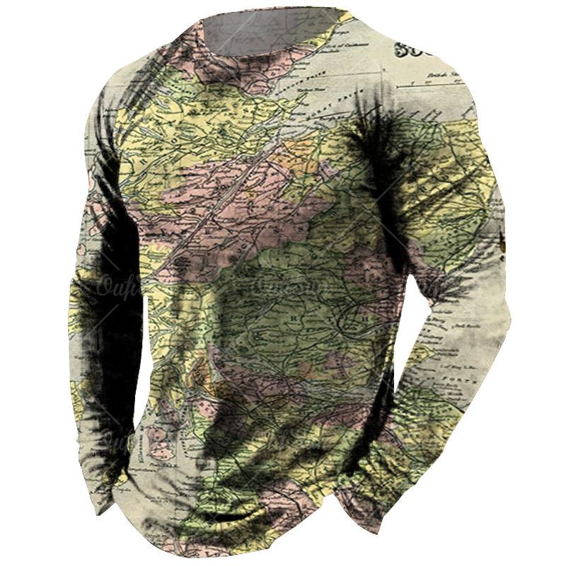 Винтажная футболка с длинными рукавами для мужчин, рубашки с 3d-принтом карты, футболки с европейской графикой, старая мужская одежда, топы, повседневная уличная одежда