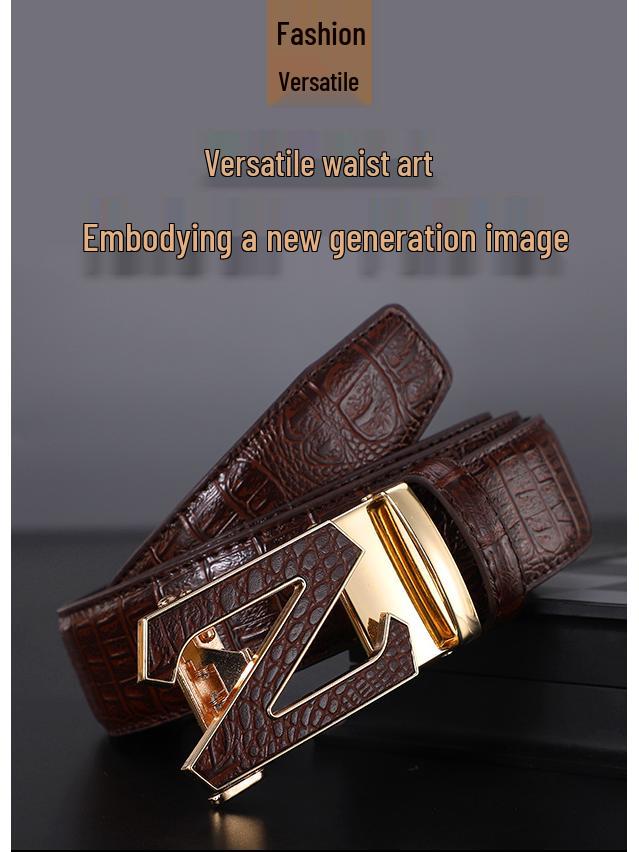 Мужской кожаный ремень с узором крокодила и автоматической пряжкой - Модный, универсальный и повседневный аксессуар для талии для брюк