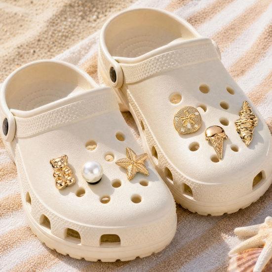 6Pcs/Set Gold-Tone Shoe Charms, Summer Ice Cream Charms, Shell Starfish Shoe Charms for Clogs Women Girls Beach Footwear Decor