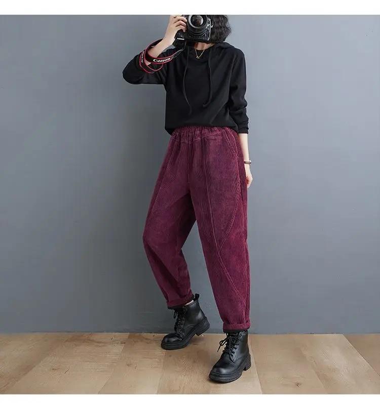 Women Thickened Fleece-Lined Corduroy Purple Harem Trousers For Middle-Aged Women Winter Style Mom's Peony Pants