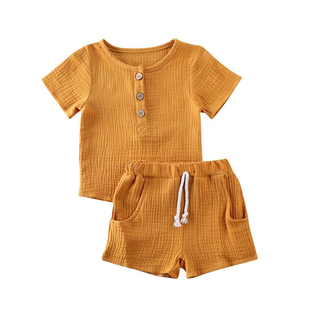Baby Cute Shorts Set Solid Color Style Round Neck Short Sleeve Button Closure Top Breathable Elastic Breeches Suit