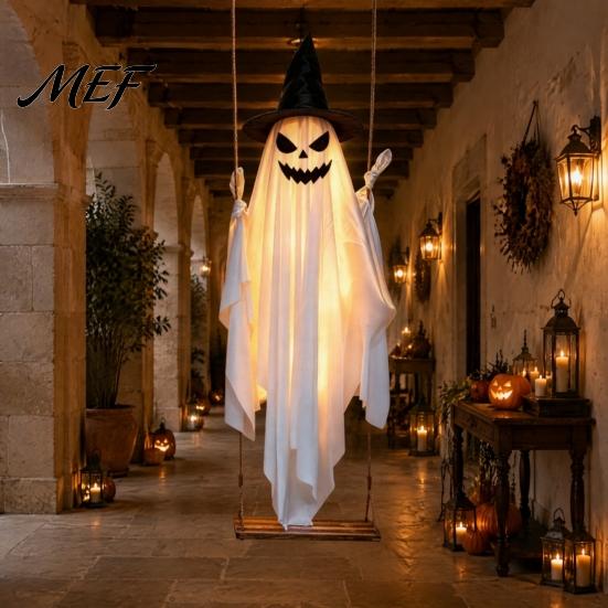 Hanging Wizard Hat Ghost for Porch Halloween Light Up Decoration, Spooky Large on A Outdoor Spirits with Warm Lights Swing Witch Front Yard Tree