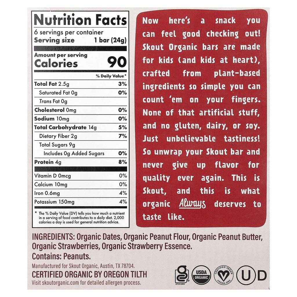 Skout Organic, Детские снек-батончики, Арахисовое масло и желе, 6 батончиков, 24 г (0,85 унции) Каждый