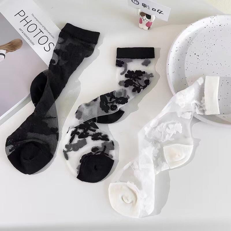 Summer Ultra-thin Transparent Nylon Long Socks Stockings Japanese Fashion Flower Knee Socks Vintage Crystal Silk Socks Stockings