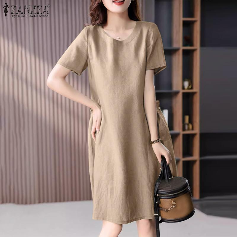ZANZEA Женское повседневное свободное платье с коротким рукавом и круглым вырезом, летнее платье
