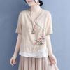 Women Blouse Summer Loose Casual Cotton Linen All-match Pullover Top Vintage Embroidery Short Sleeve Shirt