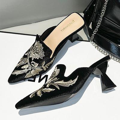 Мода 2025 Осень Вышивка Женские Мюли Тапочки Роскошная Мода Элегантный Острый Носок Шлепанцы Обувь Женское Платье Шпилька Сандалии