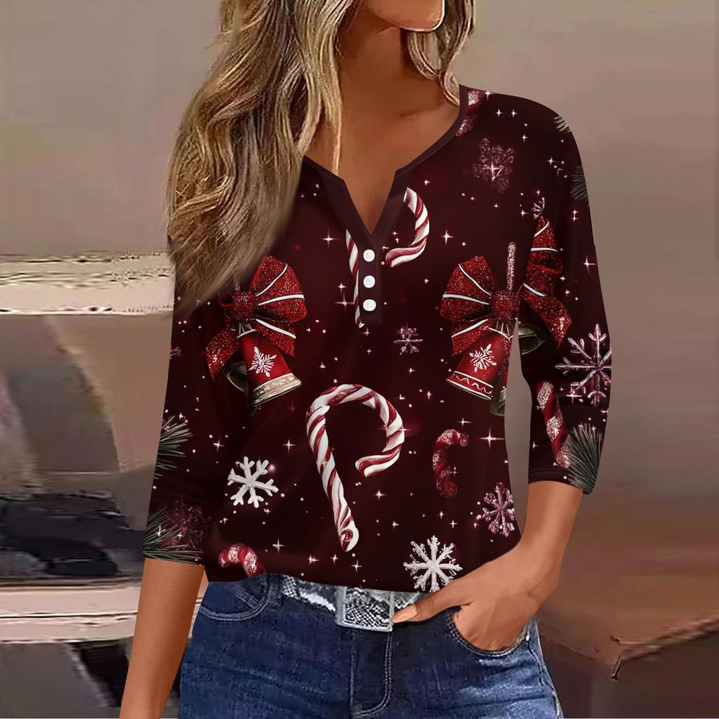 Женская модная повседневная футболка с принтом рождественской елки, V-образным вырезом, декоративными пуговицами и рукавом три четверти