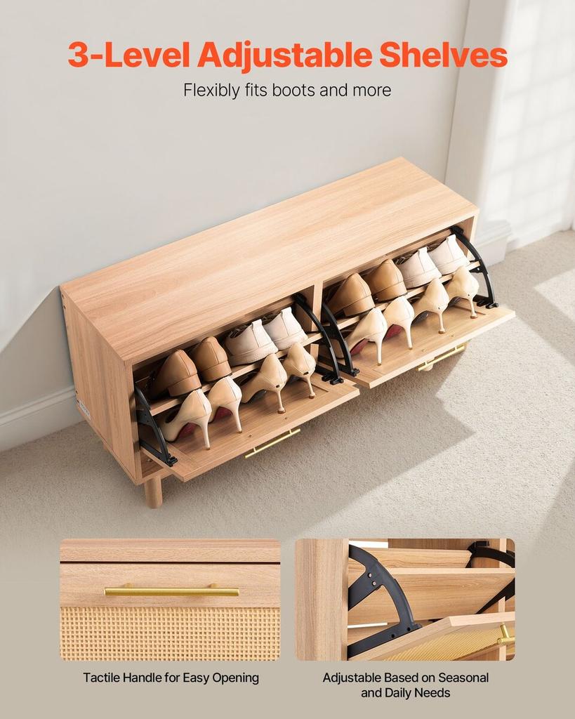 Entryway Shoe Bench, 1000 x 300 x 530 mm Rattan-Like Shoes Bench with 2 Flip Drawers, 300lbs Shoe Storage Rack with 4 Compartments and 2 Rattan Doors,