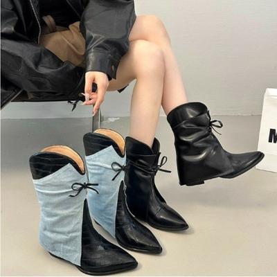 Мода Новый Модный Стиль Женские Ковбойские Сапоги Острый Носок Толстый Каблук Женские Роскошные Короткие Сапоги Большого Размера Сапоги-Ботильоны с Бантом для Женщин