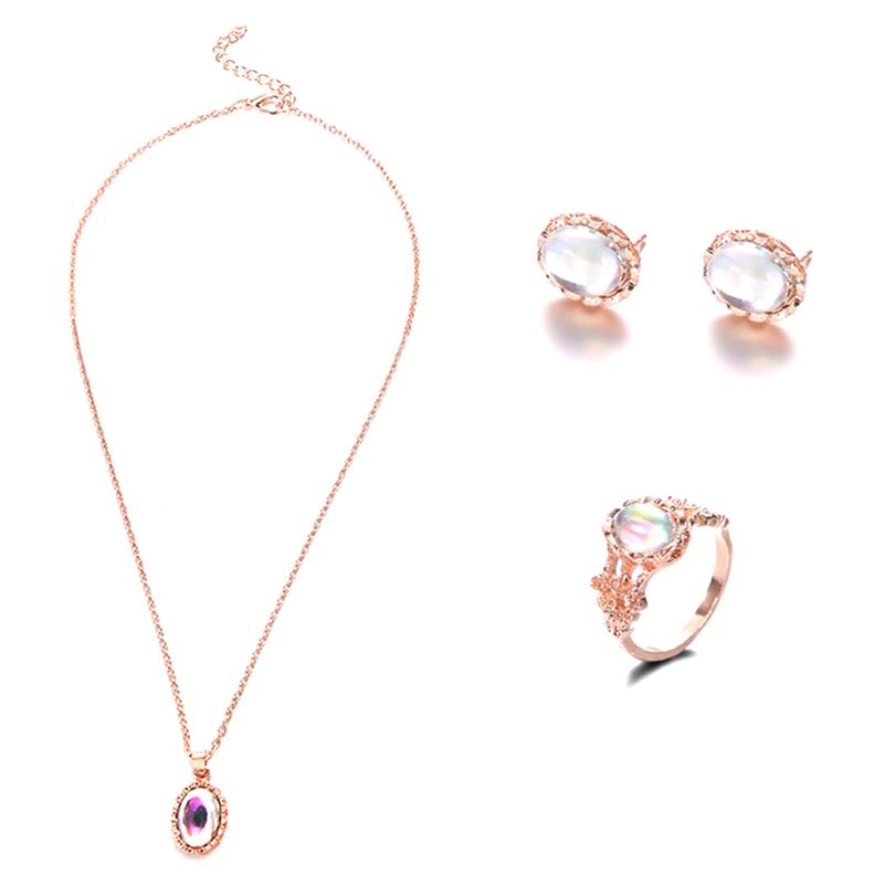 Elegant Aurora Oval Zircon Necklace Earring Ring Jewelry Set For Women Romantic Gold Plated Faux Opal Wedding Gift Accessories