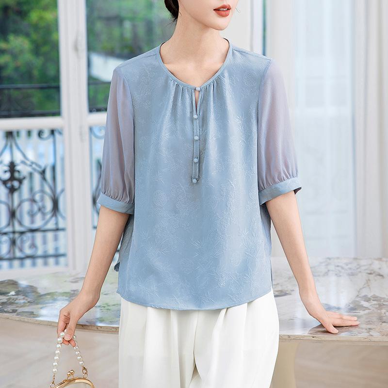 Шелковая рубашка женское платье новая шелковая рубашка темперамент круглый вырез уменьшающая возраст шелк-тутовый короткий рукав топ