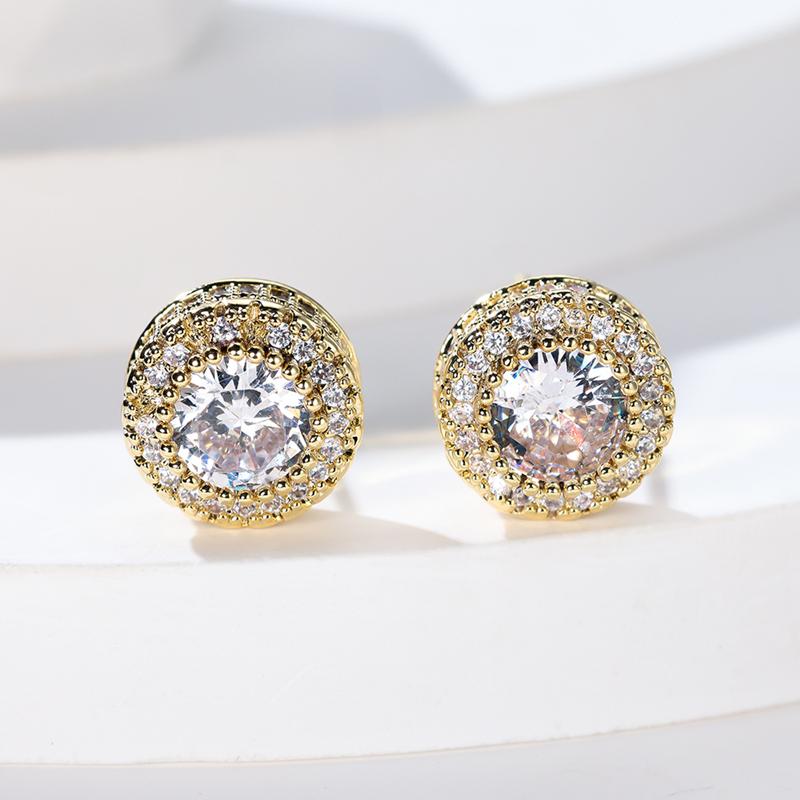 Classic Silver Color Round Earring Luxury Gold Color White Cubic Zirconia Hip Hop Wedding Stud Earrings for Women Jewelry