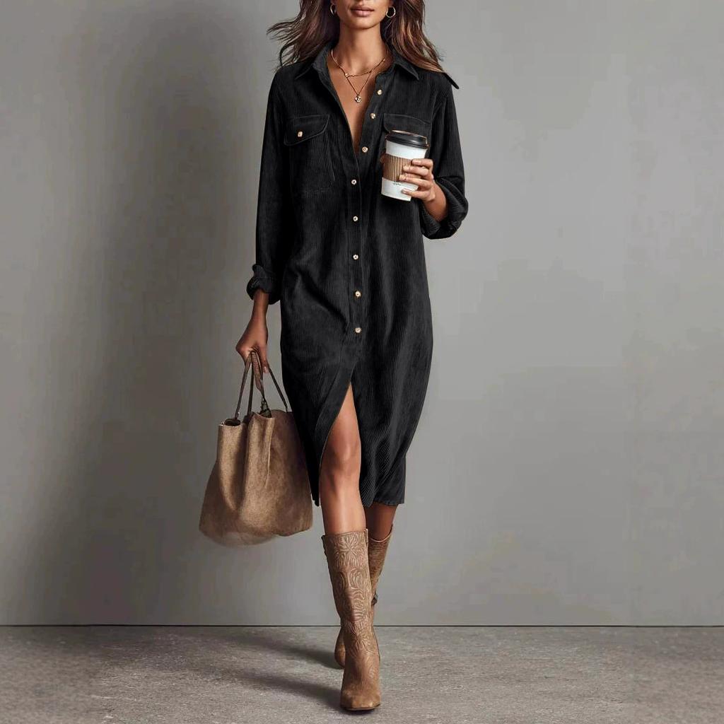 Винтажное Женское Платье Весна Лето Офисная Леди Однотонный Вельвет Длинный Рукав Воротник Рубашка Свободные Макси Платья для Женщин