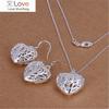Популярные бренды 925 пробы стерлингового серебра Pretty Hollow сердце кулон ожерелье серьги комплект украшений для женщин модные подарки на вечеринку
