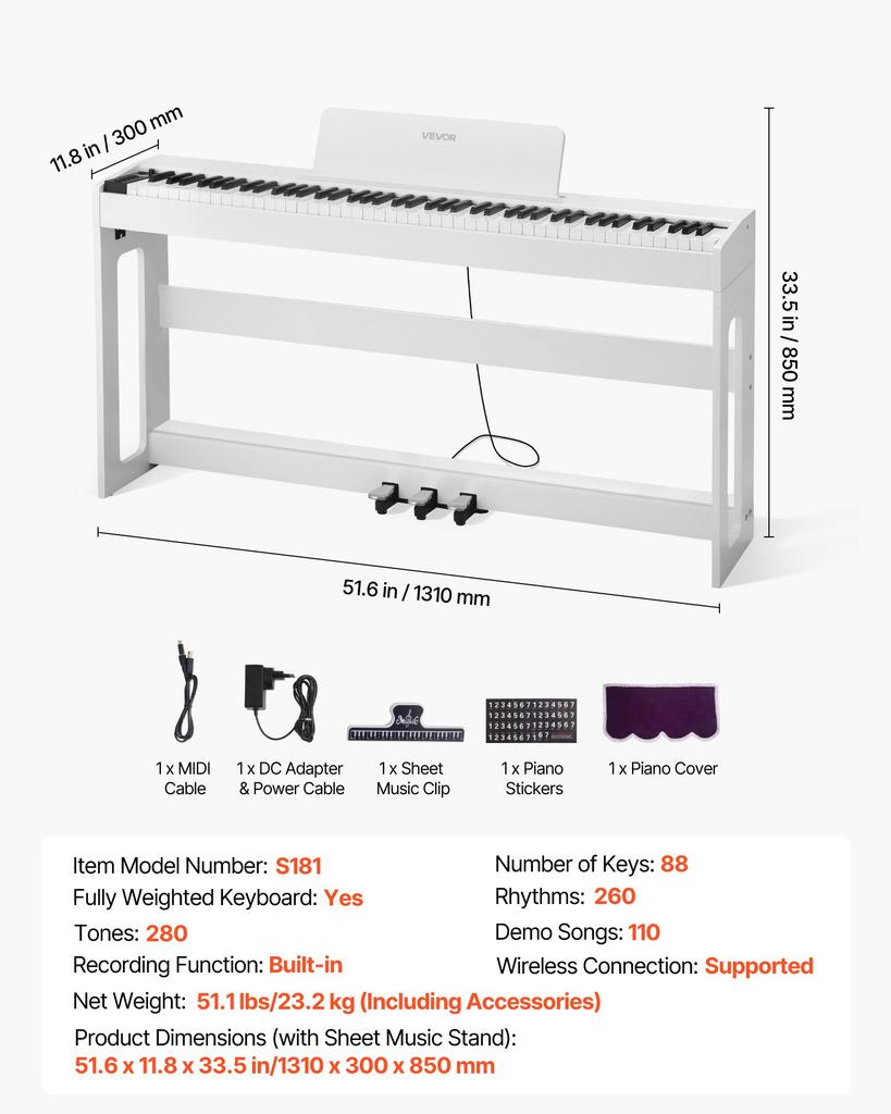 VEVOR Weighted Digital Piano, 88 Keys Fully Weighted, Electric Piano Keyboard with Furniture Stand, Power Adapter, Triple Pedal, Record Function