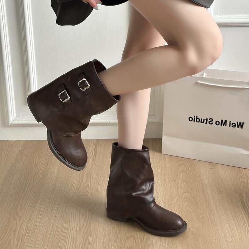 Design sense retro style thick-soled knight boots women's autumn and winter new height-increasing medium boots western cowboy short boots