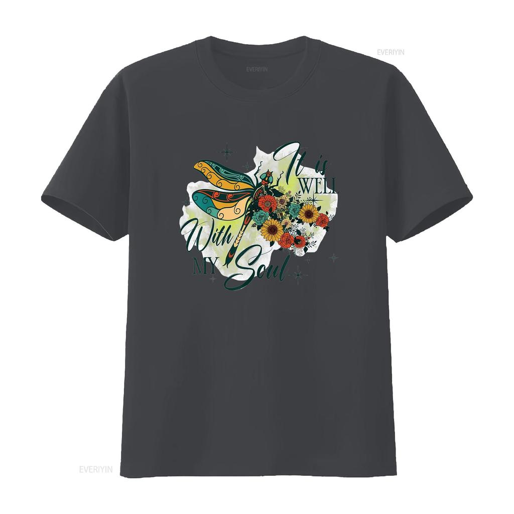 It is Well with My Soul Dragonfly Flowers Womens Summer Tops T Shirt White vintage Washed Soft Top For Everyday Wear Stretched
