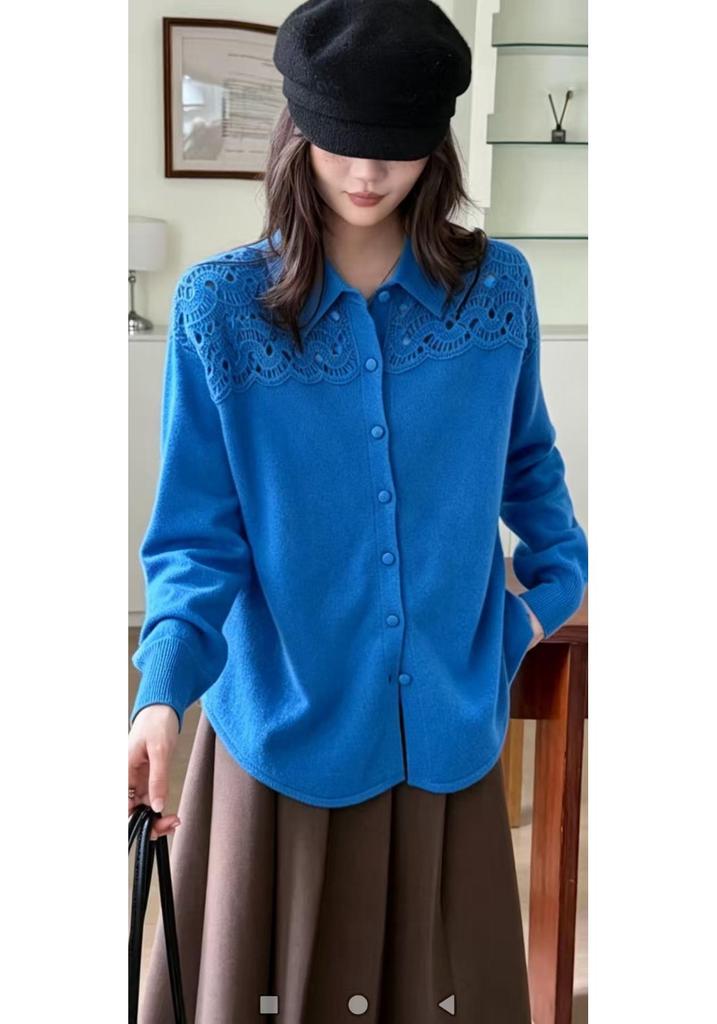 Women's 100% Pure Wool Knit Cardigan - Autumn/Winter French Sweetheart Polo Collar with Lace Patchwork Hollow Out Design