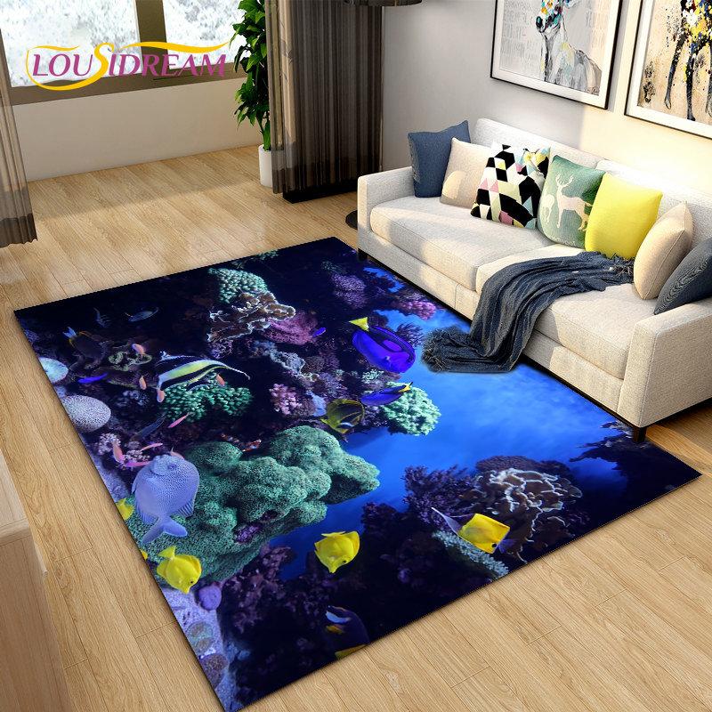 Подводный мир Морское дно Рыба Дельфин Коврик Большой, Коврик для гостиной Спальня Диван Коврик Кухня, Нескользящий напольный коврик