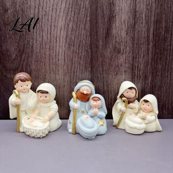 Miniature Holy Family Resin Figurine Cute Cartoon Nativity Scene Ornament for Christmas Decor Desktop Shelf Decoration Hand Painted Parents and Kid