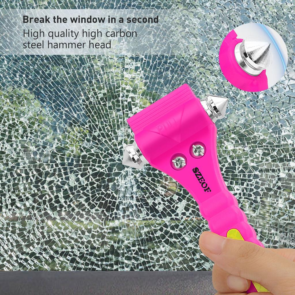 Car Emergency Escape Window Breaker with Reflective Tape and Seat Belt Cutting Hammer, Multifunctional Hammer, Red,Yellow, Pink