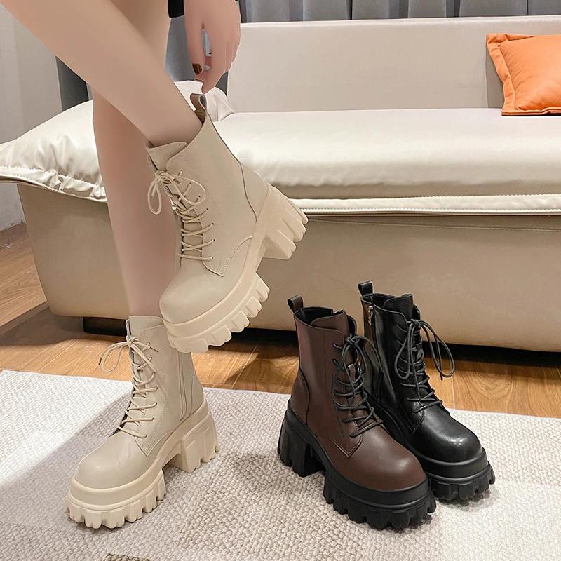 Модные женские ботильоны на шнуровке с высокой платформой 2024 года, зимние мотоциклетные ботинки с толстой подошвой, каблук 9,5 см, массивные кожаные кроссовки, женская обувь