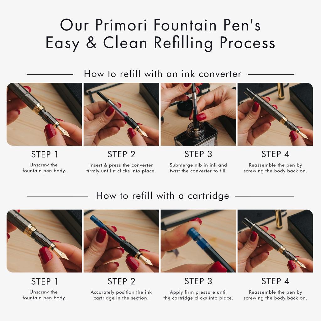 Wordsworth Black Primoli Fountain Pen Set with Extra Fine Gift 24 Ink Refill and Perfect for and Smooth and & [Gunmetal Gold] Nib, Case, Cartridges,