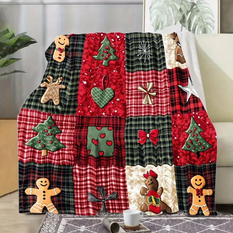 Retro Christmas Flannel Blanket Soft Warm All Seasons Car Office Decoration Red, Green, Golden, Brown - Perfect for Christmas