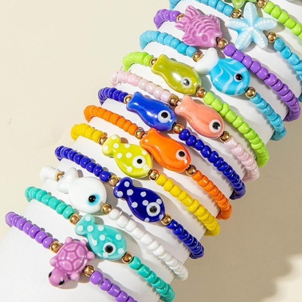 Sea Series Fish Pendant Bracelet Colorful Beach Bangle Retro Polka Dot Bead Bracelet Summer