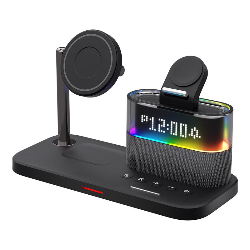 5 in 1 Wireless Charging Phone Holder Earphone Charger Multifunctional RGB Light Stong Magnetic Digital Alarm Clock