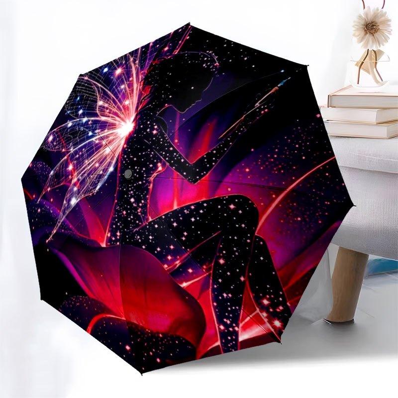 Fairy Wings Fantasy: Magical Starry Night Silhouette Art PrintUmbrella with Cute Design,Portable 3-Fold Compact Umbrella for Men&Women,Valen