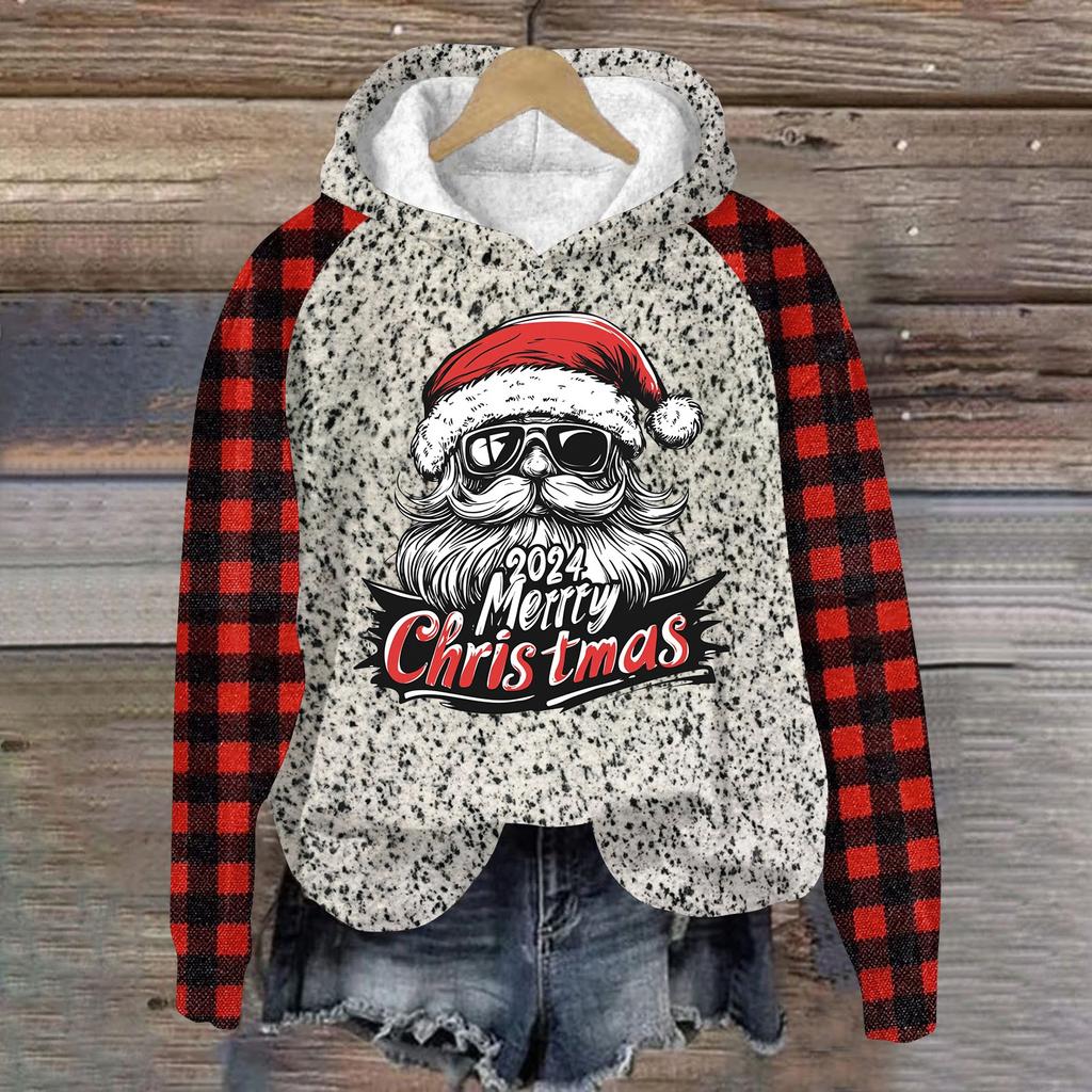 Women's Fashion Pullover Plunging Sleeve Christmas Printed Hooded Sweatshirt