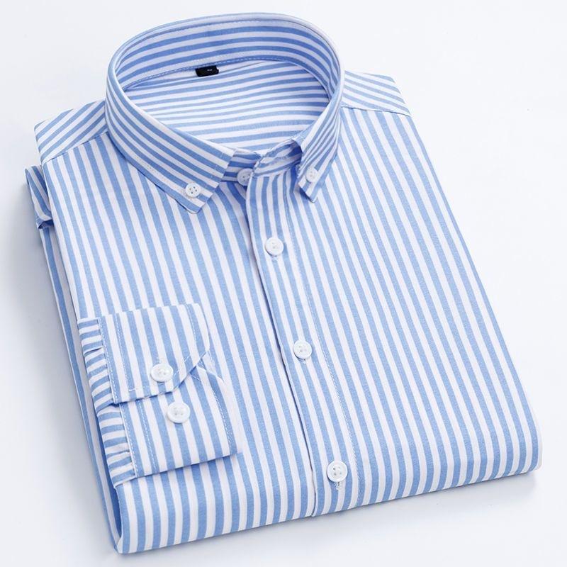 Мужские рубашки в полоску с длинным рукавом в клетку Smart Casual Business Не гладить Корейский приталенный крой Официальная сине-белая
