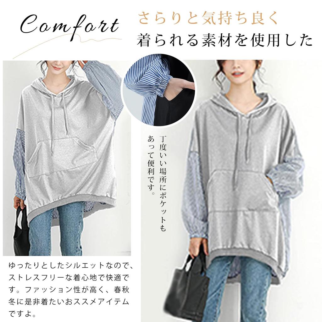 MzcoYmm Long Sleeve Mixed with Fits Loose Women's Hoodie, Material, Striped, Pockets, Lightweight, Oversized, All, Fit, Spring/Autumn